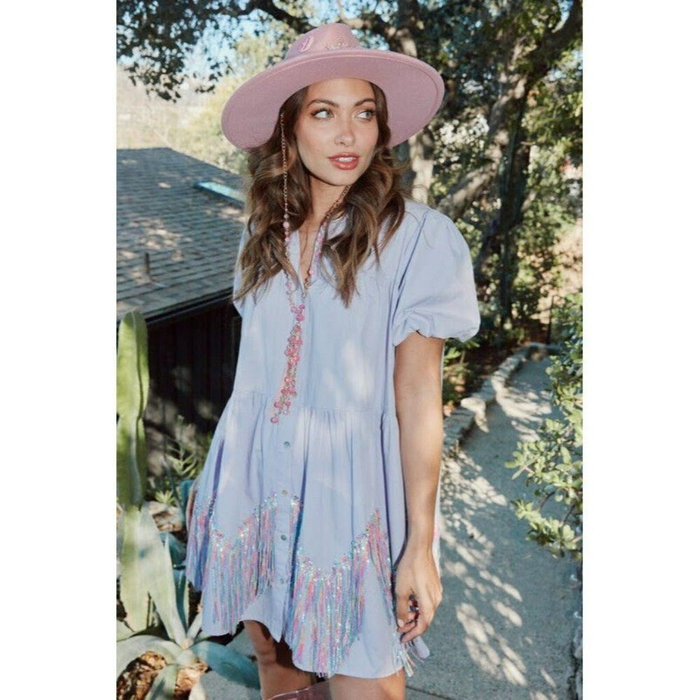 Fantastic Fawn Call Me Pretty Fringe Chevron Babydoll Dress in Lavender IFD54214 - Picture 11 of 14